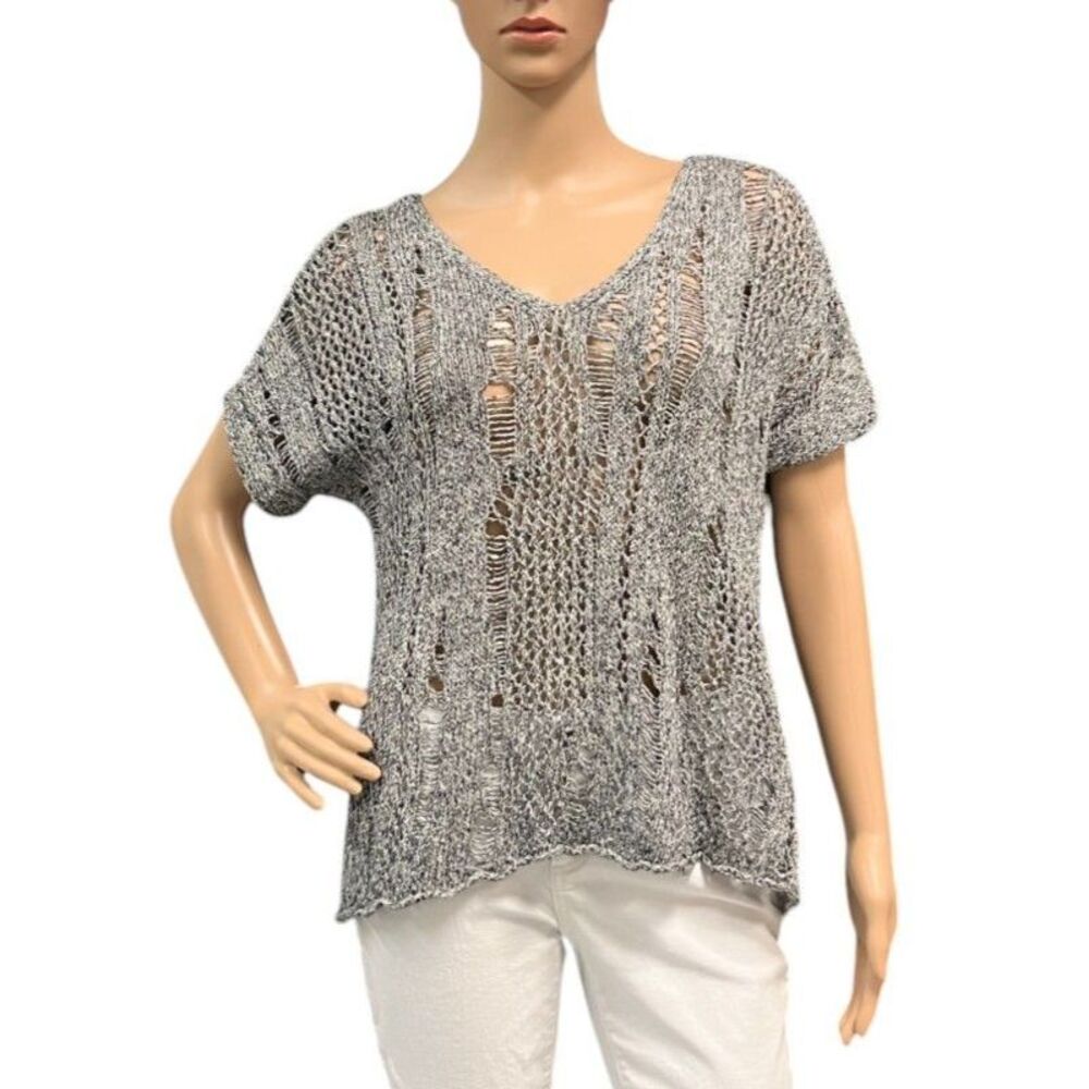 EILEEN FISHER Linen Cotton Blend Open Weave Short Sleeve Sweater Top Grey Sz M